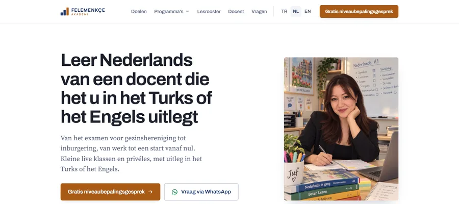 Felemenkçe Akademi web sitesinin ana sayfası