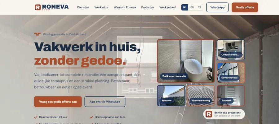 Roneva Bouw web sitesinin ana sayfası